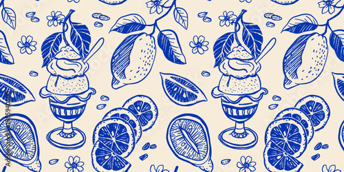 Seamless vector pattern with Italian gelato limone, lemon slices, half lemons, lemon branches with leaves and flowers in blue ink style on beige background. Summer dessert La Dolce Vita vibe.