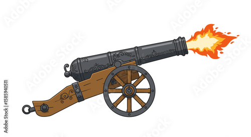 Antique cannon firing with decorative details on a wooden carriage