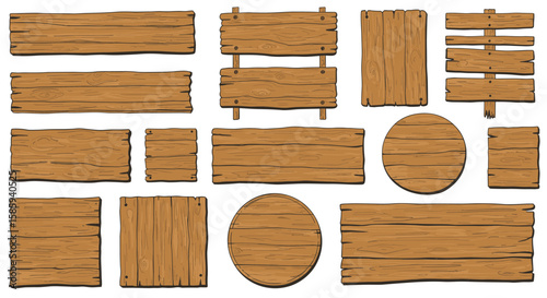 Rustic wooden plank set with hand-drawn texture in various shapes