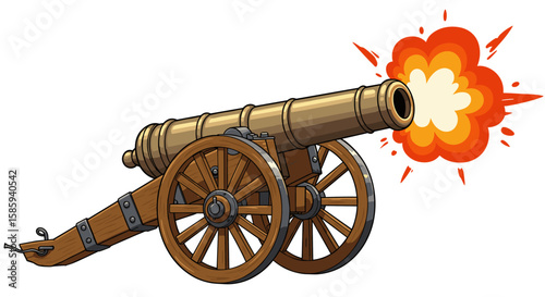 Historic cannon firing with explosive burst in vibrant cartoon style artwork