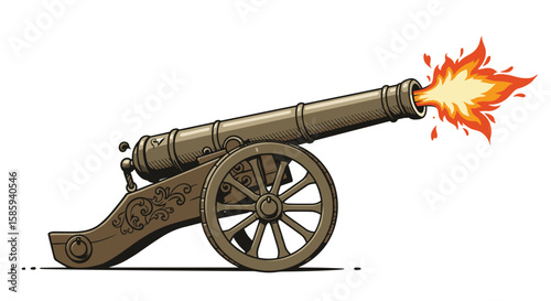 Vintage cannon firing isolated on white background with flames