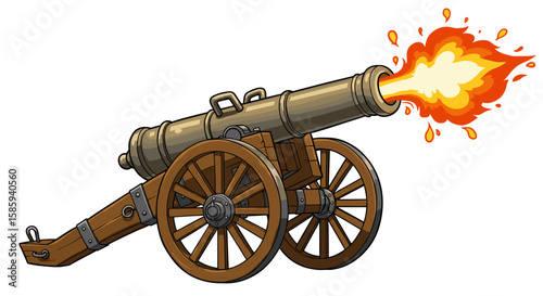 Cartoon cannon with explosive fireball on wooden carriage