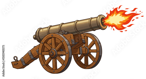 Vintage cannon firing with flame in cartoon style on white background