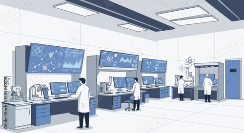 Modern research laboratory with scientists working on advanced technology