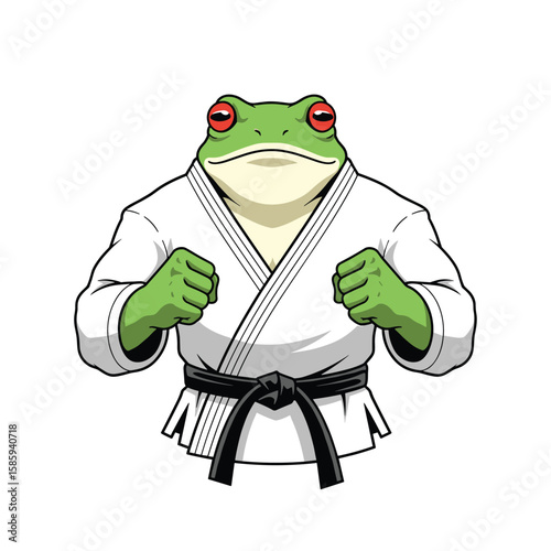 Muscular frog warrior in karate gi ready for combat training and martial arts practice