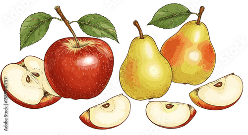 Realistic fruits with detailed textures featuring apple and pear slices
