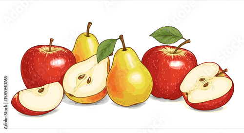 Realistic apples and pears with leaves on white background