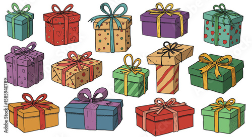 Colorful gift boxes with ribbons and patterns in hand-drawn style for celebrations and holidays