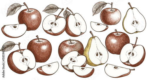 Hand drawn apples and pears with cross sections and detailed shading