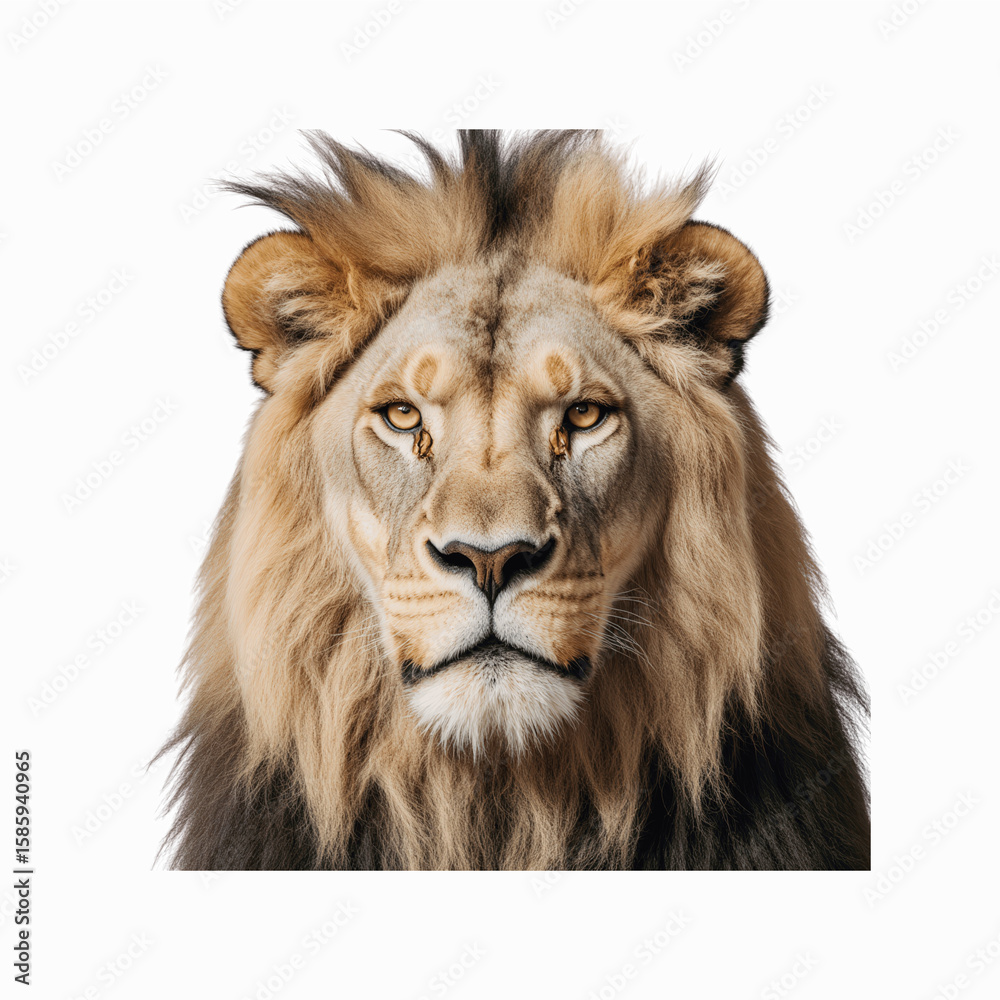 Fototapeta premium Majestic Lion Portrait: A powerful and majestic lion stares directly at the camera, its golden mane and intense gaze captivating the viewer. The lion's expression conveys both power and serenity.