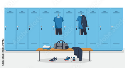 Gym locker room with blue lockers, sportswear, and equipment