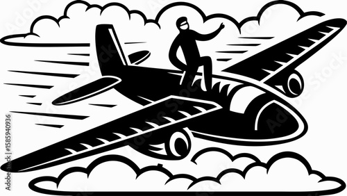 Silhouette of a man standing on a plane flying through clouds with a waving hand in black and white style