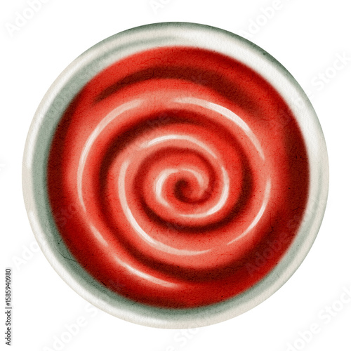 Watercolor drawing of tomato ketchup. Sauce. Tomato. Bottle or plate of ketchup. Watercolor drawing. Menu.