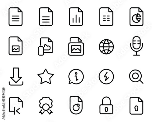 Files Vector Icon Set Document, Folder, Archive, Report, Media, Audio, Chart, Download, PDF, Spreadsheet  Adjustable Line Weight
