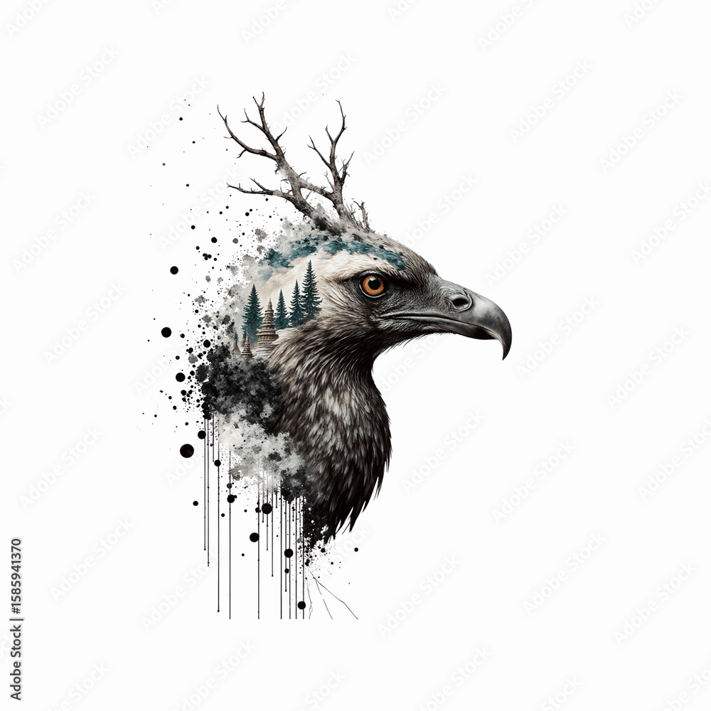 Fototapeta premium Dreamscape Aviary: A surreal artwork depicts an eagle with stag-like antlers and a forest integrated into its form, inviting viewers into a realm of imaginative exploration.
