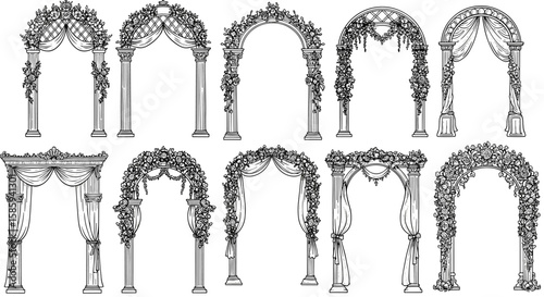 Elegant wedding arches with floral and drapery designs