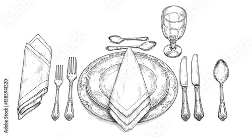 Elegant table setting with silverware and wineglass in detailed sketch art style