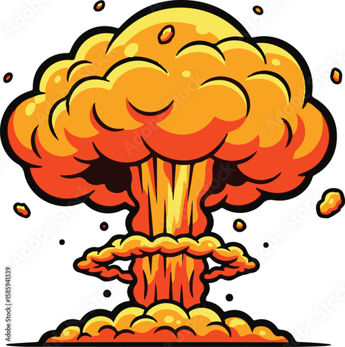 A stylized cartoon illustration of a large, fiery explosion with billowing clouds and debris.
