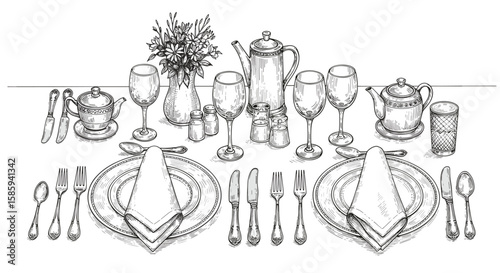 Elegant table setting with vintage dinnerware and cutlery in linear style