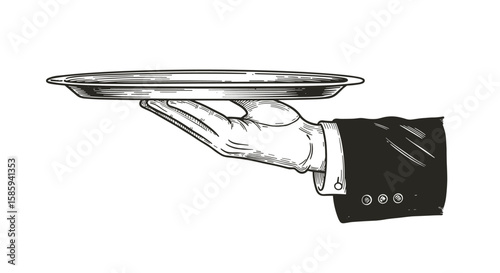 Elegant hand holding tray in retro etching style ideal for restaurant or hospitality design