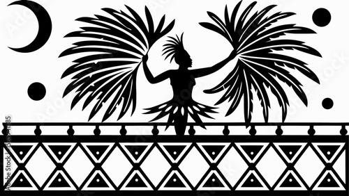 Silhouette of a dancer with palm fronds on a patterned balcony under a moon and floating orbs above