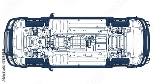 Detailed overhead view of car chassis with hybrid power system