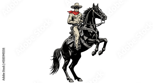 Cowboy riding rearing black horse with red bandana on white background