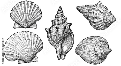 Hand drawn seashell collection featuring various intricate shells in vintage style