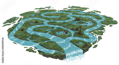 Intricate maze of rivers flowing through lush green wetland with waterfalls
