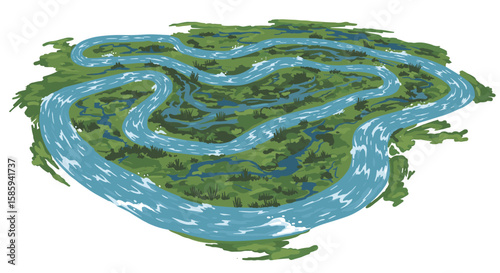 Meandering river over vibrant green landscape with lush vegetation