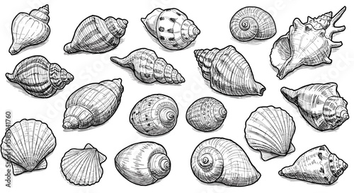 Hand-drawn seashell collection in detailed sketch style