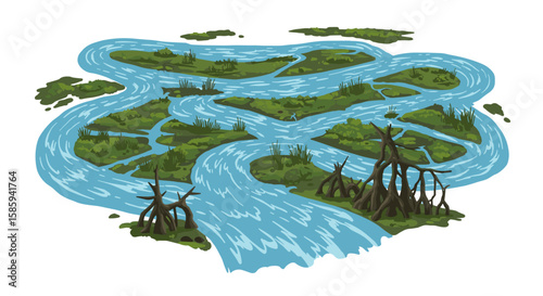 Intricate waterway network in lush wetland scenery