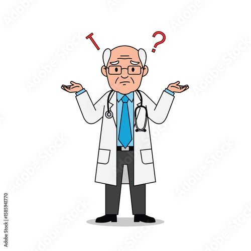 Confused elderly doctor shrugging shoulders with question marks above his head a medical professional experiencing uncertainty