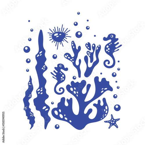 Blue silhouettes of sea inhabitants and algae with bubbles under water in simple style. Underwater world. Monochrome picture stamp with sea fish and jellyfish. Vector for stickers, textiles, postcards