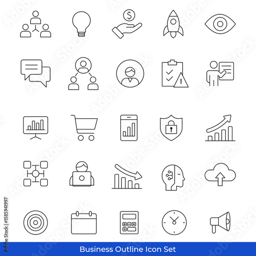 Business Outline Icon Set.Flat and Minimal Corporate, Office, and Strategy Symbols for Web, UI, and Infographic Design