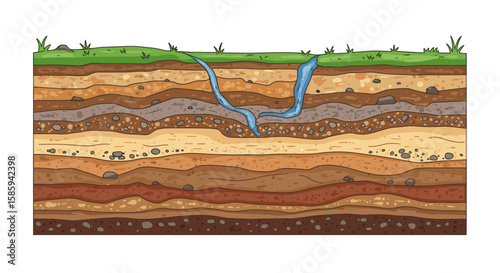 Geological layers cross section with underground water streams and soil texture