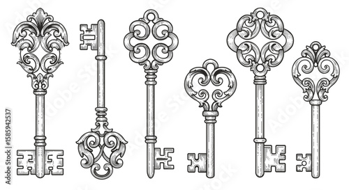 Ornate vintage keys collection in hand-drawn style with intricate designs and detailed engravings