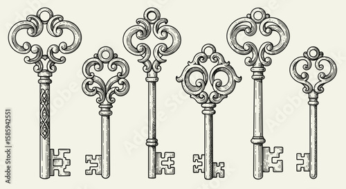 Vintage ornate keys collection in detailed black and white ink design