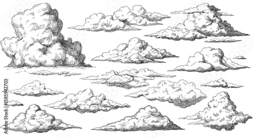 Hand drawn engraved style clouds collection for design projects and weather concepts