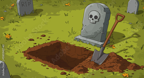 Cartoon graveyard scene with open grave and headstone in spooky setting