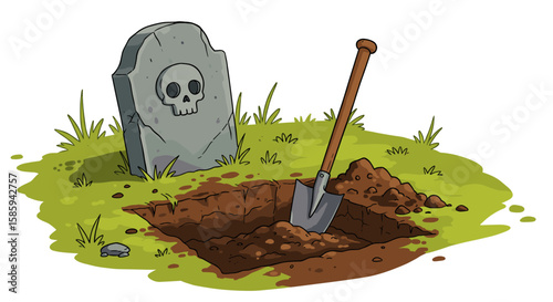 Cartoon graveyard scene with freshly dug grave and shovel