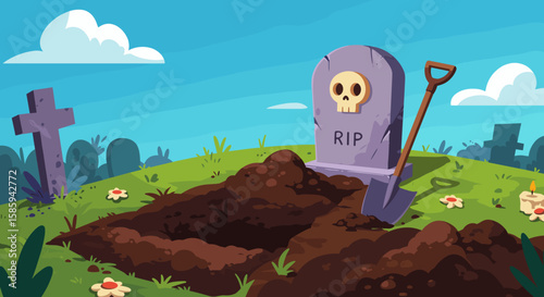 Cartoon graveyard scene with freshly dug grave and tombstone on a sunny day