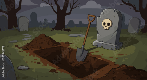 Mystical cemetery with open grave and shovel in dark cartoon style