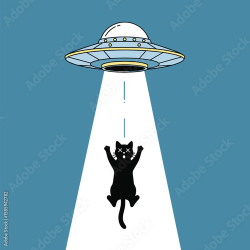 Alien spaceship abducting a frightened black cat in a bright beam of light