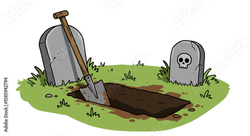 Cartoon graveyard scene with open grave and headstones