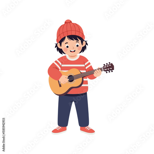 A cheerful child, wearing a warm hat and sweater, happily plays an acoustic guitar.