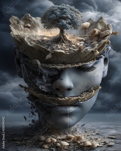 Neurodivergent expression illustration represented by surreal imagery of minds unfolding in layered visual metaphors, Neurodivergent expression illustration design for microstock visibility