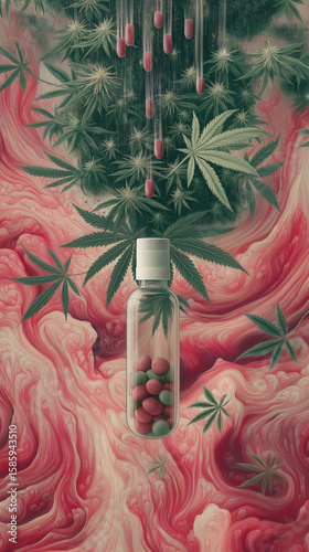 Artistic illustration of a cannabis bottle with colorful pills surrounded by cannabis leaves and a vibrant abstract background
