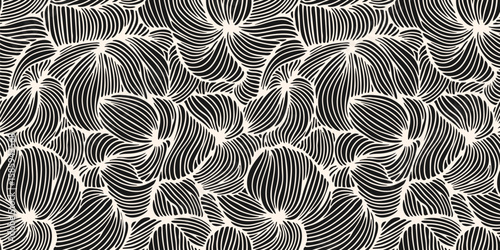 Vector abstract seamless pattern with organic shapes, liquid wavy lines, fibers, threads, biological structures, botanical elements. Black and white linear texture. Trendy modern repeating geo design
