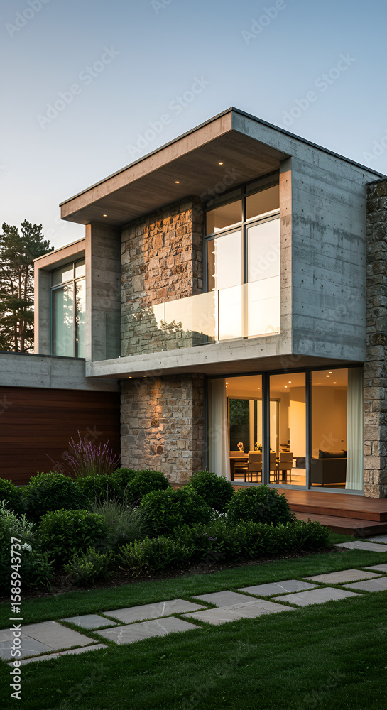 Fototapeta premium Modern house exterior with stone and concrete facade, large windows, and a well-manicured garden.